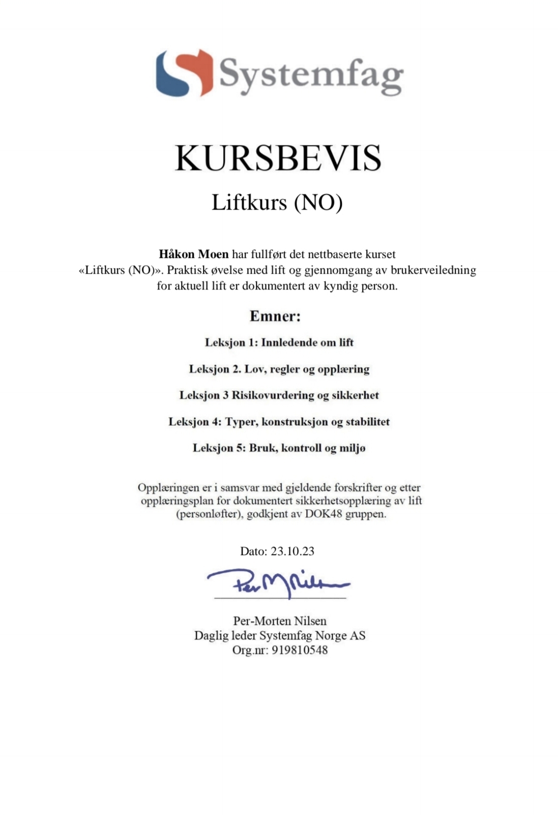 Lift godkjenning kurs